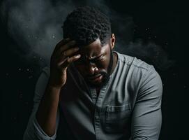 a africano americano homem dentro angústia dentro a escuro. mental saúde conceito. ai gerado foto
