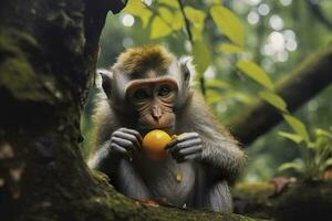 fechar acima do macaco comendo fruta dentro a selva. generativo ai foto