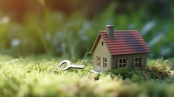cópia de espaço do lar. pequeno modelo casa em verde Relva com luz solar. ai generativo foto