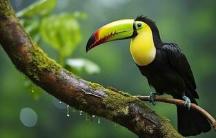 castanha mandíbula tucano sentado em a ramo dentro tropical chuva com uma verde selva. generativo ai foto