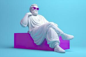 uma branco estátua do Platão dentro uma legal pose, vestindo magenta e ciano 3d copos, pronto para Festa. ai generativo foto