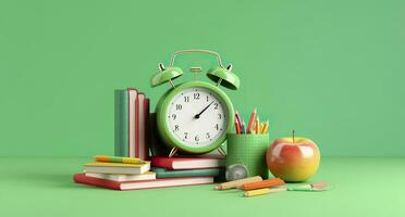 pop arte ilustração do escola acessórios com maçãs, livros, e a alarme relógio em a escola fundo. costas para escola conceito. 3d Renderização, ai generativo foto