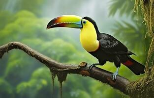 castanha mandíbula tucano sentado em a ramo dentro tropical chuva com uma verde selva. generativo ai foto