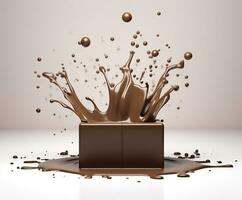 chocolate respingo com uma pódio, brincar fundo para leite produtos mostrar, 3d. generativo ai foto