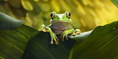 atarracado rã em folhas, sapo, anfíbio, réptil. generativo ai foto