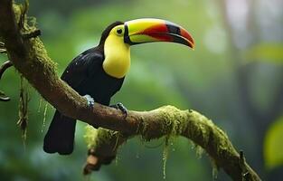 castanha mandíbula tucano sentado em a ramo dentro tropical chuva com uma verde selva. generativo ai foto