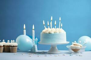 aniversário bolo com velas e doces em branco mesa perto azul muro. generativo ai foto