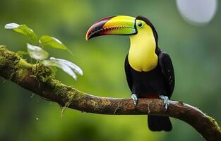 castanha mandíbula tucano sentado em a ramo dentro tropical chuva com uma verde selva. generativo ai foto