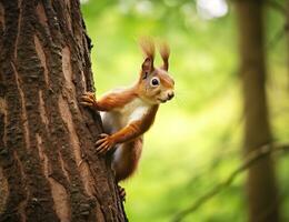 lindo esquilo em uma árvore dentro uma floresta parque dentro a verão. generativo ai foto