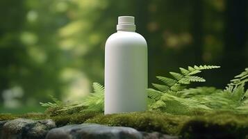 natural Cosmético produtos apresentação nos bastidores. ao ar livre floresta colocação. branco em branco jarra xampu garrafa. 3d. ai generativo foto