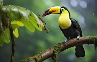 castanha mandíbula tucano sentado em a ramo dentro tropical chuva com uma verde selva. generativo ai foto