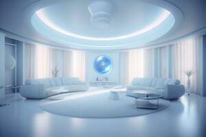 uma profissional e olho pegando luz azul com branco vivo quarto dentro a metaverso. ai generativo foto