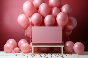 Rosa mesa aniversário plano deitar, quadro, balões, confete ai gerado foto