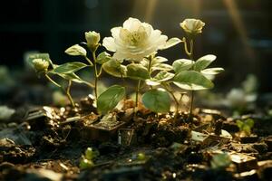 dinheiro floresce dentro solo, o negócio sucesso nutrido de da natureza brilho do sol ai gerado foto