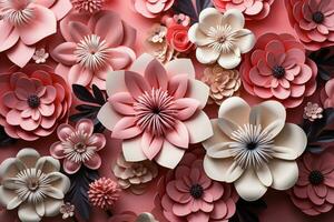 crianças festa vibração papercraft flores adornar Rosa fundo, fomento criativo feriado espírito ai gerado foto