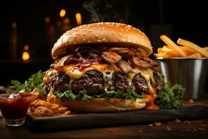 quintal churrasco grelhado carne hambúrguer, brega bênção, e crocantes fritas ai gerado foto