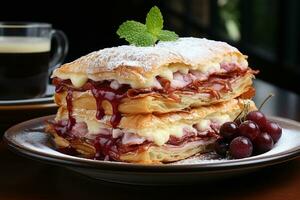 saboreando uma gostoso monte cristo dentro uma movimentado cidade cafeteria ai gerado foto