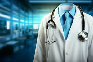 médicos vestuário aumenta médico cena laboratório casaco, estetoscópio em fundo ai gerado foto