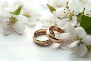 Casamento anel em uma branco fundo e com delicado branco flores foto