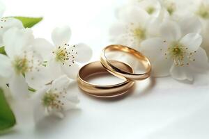 Casamento anel em uma branco fundo e com delicado branco flores foto