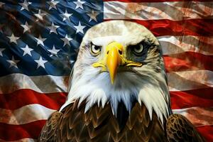 a inspirador Careca Águia é sobreposto em a americano bandeira com estados símbolos. gerar ai foto