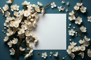 branco papel lista, gypsophila, Casamento brincar, azul mesa, plano deitar ai gerado foto