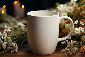 esvaziar caneca brincar, branco café caneca, rústico camomila ramalhete ai gerado foto