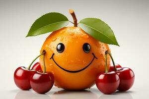 saudável fruta criação cerejas e laranja risonho face, isolado em branco ai gerado foto