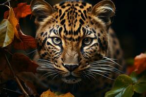 intrincado beleza, uma jovem leopardos intenso olhar fixamente em meio a exuberante floresta ai gerado foto