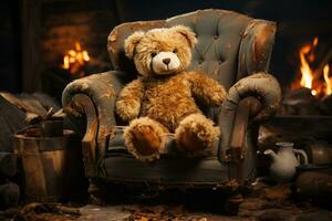 velho Urso de pelúcia Urso sentado em uma vintage cadeira ai gerado foto