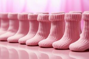 Rosa fundo hospedeiros minúsculo meias, pronto para personalizado mensagens ideal para bebê festividades ai gerado foto