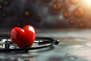 vermelho coração com estetoscópio em uma Sombrio fundo para coração saúde ai gerado foto