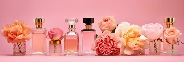 grupo do diferente perfume garrafas e amostrador em uma Rosa floral fundo. perfumaria coleção. gerador ai foto