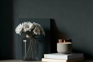 vaso com branco flor, pilha do livro e dois velas em a Sombrio cinzento topo do gabinete contra brilhante muro. casa interior modelo. generativo ai foto