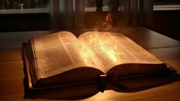 Bíblia, brilhando piedosos Bíblia em a de madeira mesa. generativo ai foto