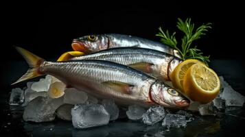 sardinha peixe em gelo com limão e vegetal. sardinha peixe. generativo ai foto