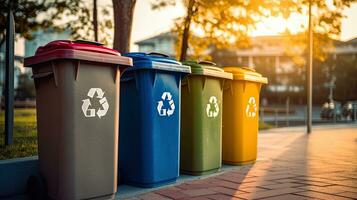 coleção do amarelo, verde, azul e vermelho reciclar caixas com reciclar símbolo dentro público. generativo ai foto