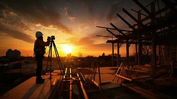 silhueta do engenheiro em pé ordens para construção tripulações para trabalhos em Alto terra pesado indústria e segurança conceito. generativo ai foto