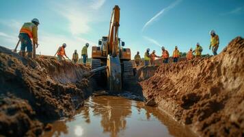 trabalho em equipe do construção engenheiro e trabalhadores colaborar com escavadora escavação água drenagem às construção local. generativo ai foto