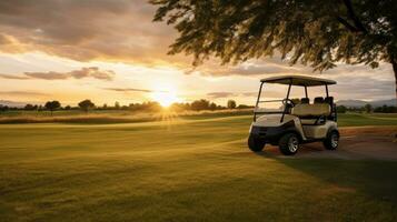 uma golfe carro, golfe carrinho carro dentro fairway do golfe curso com fresco verde Relva campo e nuvem céu e árvore às pôr do sol. generativo ai foto