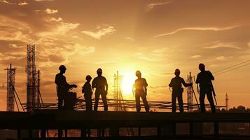 silhueta do construção trabalhador equipe em pé ordens para trabalhador equipe para trabalhos segurança em Alto às construção local. generativo ai foto