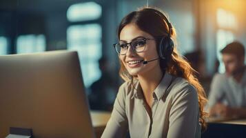 ligar Centro mulheres sorriu trabalhando e fornecendo serviço com cortesia e atenção frente do computador portátil dentro escritório. generativo ai foto