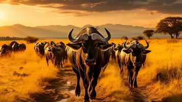 uma majestoso rebanho do GNU caminhadas através a serengeti criando uma tirar o fôlego espetáculo contra a dourado outono panorama foto