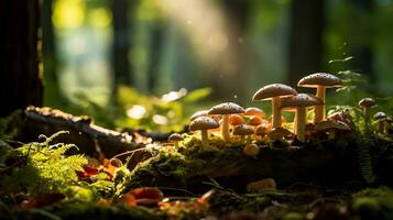 uma mágico cena dentro a madeiras com uma grupo do selvagem cogumelos manchado luz solar e uma fundo com esvaziar espaço para texto foto