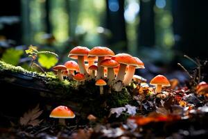 uma grupo do selvagem cogumelos uma Tesouro tesouro dentro a floresta cativante com seus vibrante cores e único formas foto