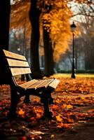 uma acolhedor parque cena com caído folhas e uma rústico Banco fundo com esvaziar espaço para texto foto