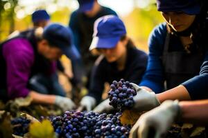uma grupo do enólogos e trabalhadores habilmente escolher uvas seus mãos manchado roxa a partir de seus fecundo trabalho foto