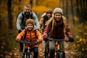 uma feliz família leva uma vagaroso bicicleta passeio através uma pitoresco floresta desfrutando a vibrante outono folhagem foto