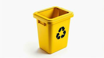 uma amarelo reciclar bin com reciclar símbolo isolado em branco fundo. generativo ai foto