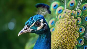 retrato do lindo pavão com penas fora. generativo ai foto